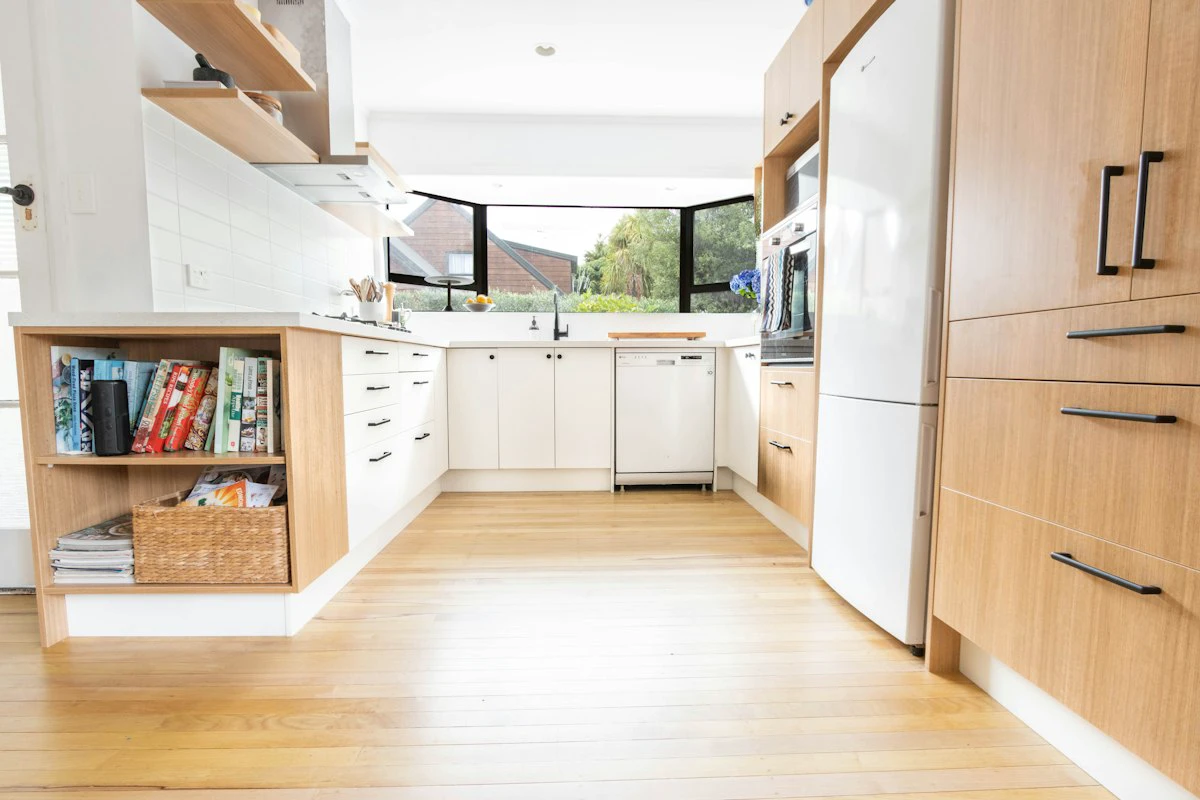 Ready-to-assemble kitchen cabinets with wood finish