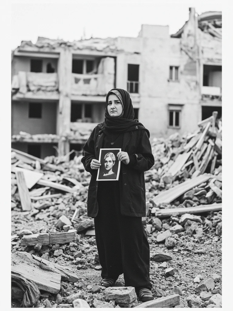 A woman holds a framed photograph amid the rubble of a destroyed apartment block in Aleppo, 2017.