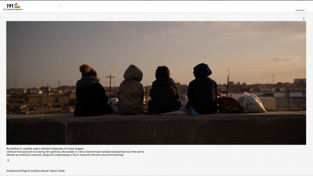 Four children sit on a concrete wall at dusk in an Idlib displacement camp, plastic bags of bread beside them.