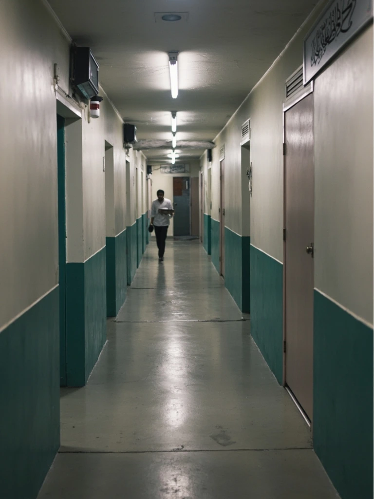 A nurse walks down a hospital corridor carrying a metal tray, Raqqa, 2024.