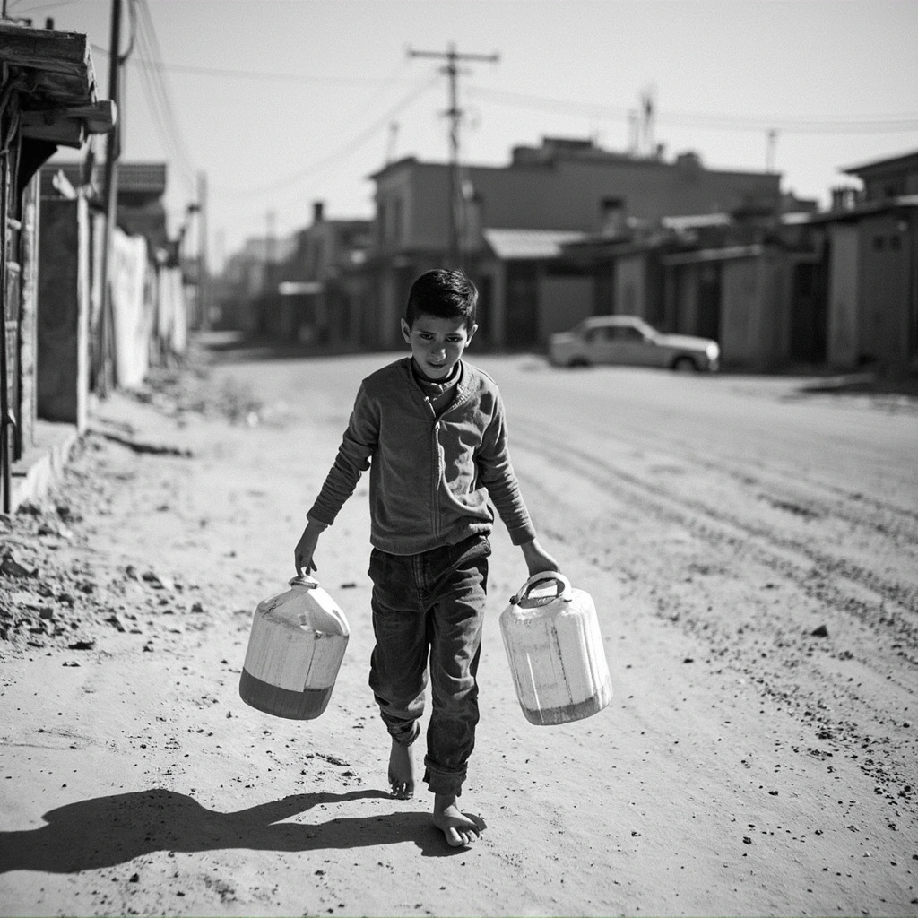 A young boy carries two plastic water jugs across a dusty street in Damascus, archival 2012.
