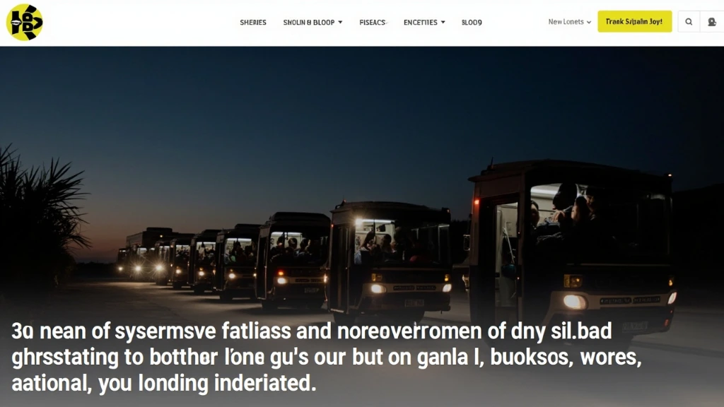 A line of night buses with headlights on, parked along a roadside in Idlib province, families boarding with bundles at dusk.