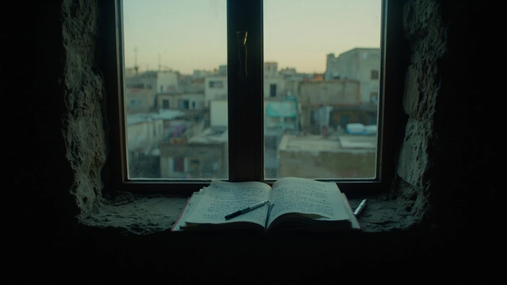 A reporter's notebook rests on a windowsill overlooking rooftops in the old city of Aleppo at dusk, pen resting in the gutter of an open page