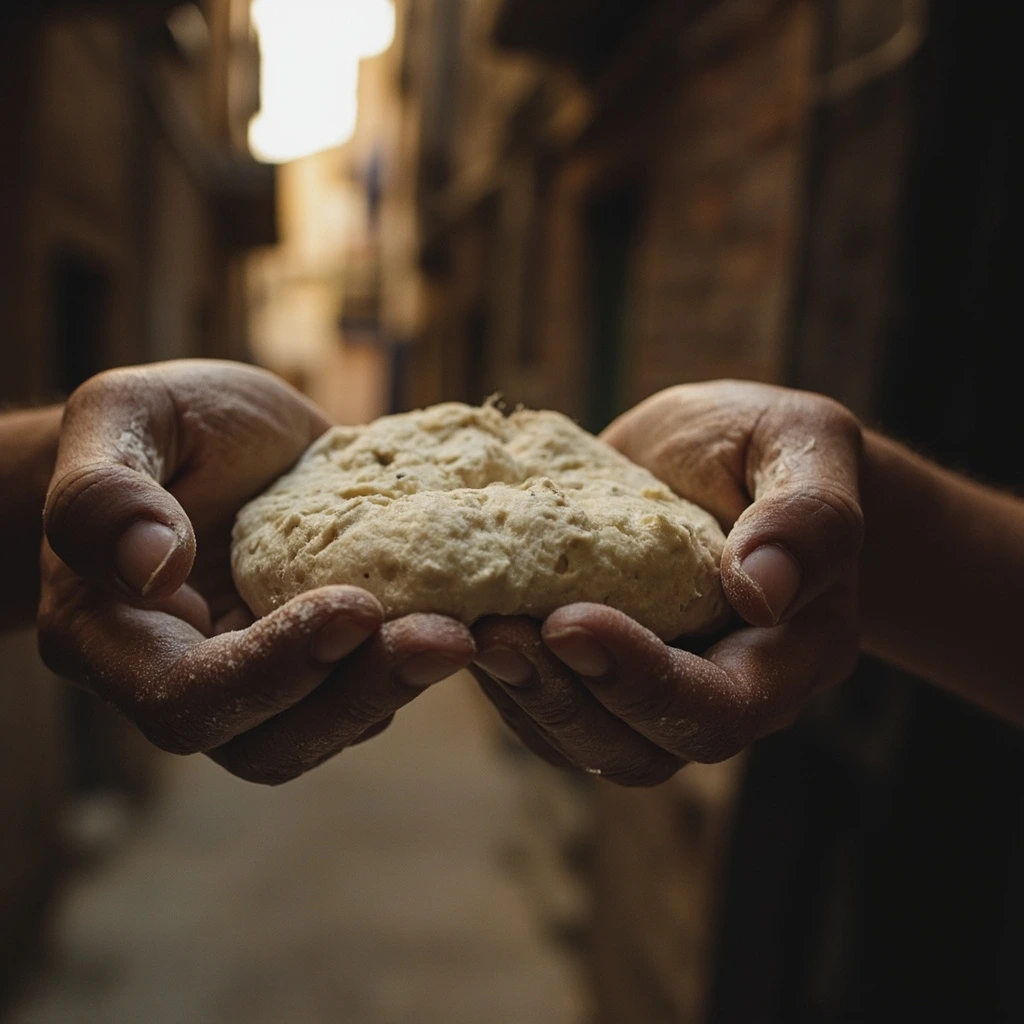 Hands dusted with flour holding a small round flatbread fresh from a stone oven in a narrow Aleppo alleyway