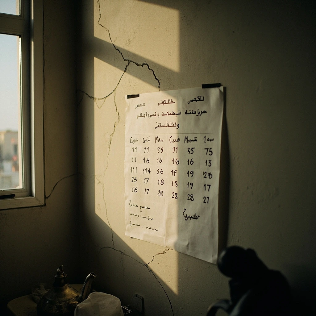 A handwritten electricity schedule pinned to a worn kitchen wall above a kettle in a displacement apartment in Idlib