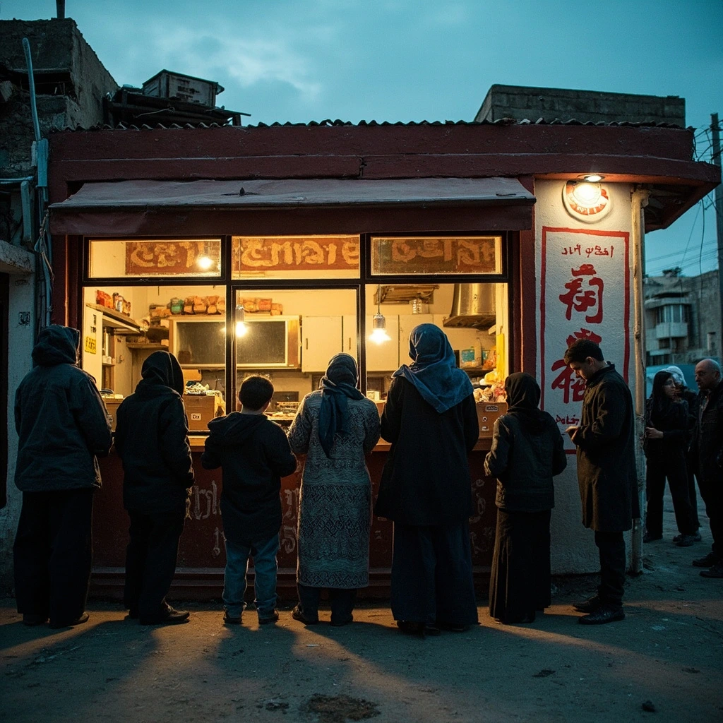 A line of people waiting outside a public bakery at dawn on a quiet residential street in Raqqa