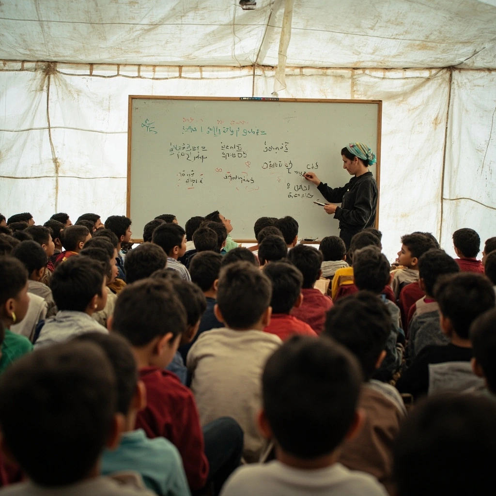 Inside a tent school near Idlib, a young teacher writes Arabic letters on a whiteboard for a row of children in worn winter coats.
