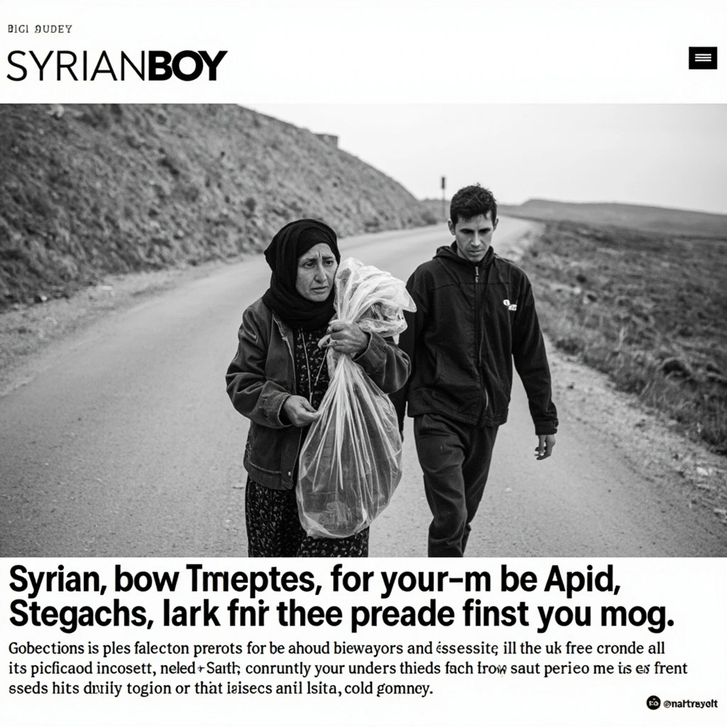 On a mountain road in the Syrian coastal range, an elderly woman in a dark headscarf carries a plastic bag of belongings while a young man walks beside her carrying a mattress on his back.