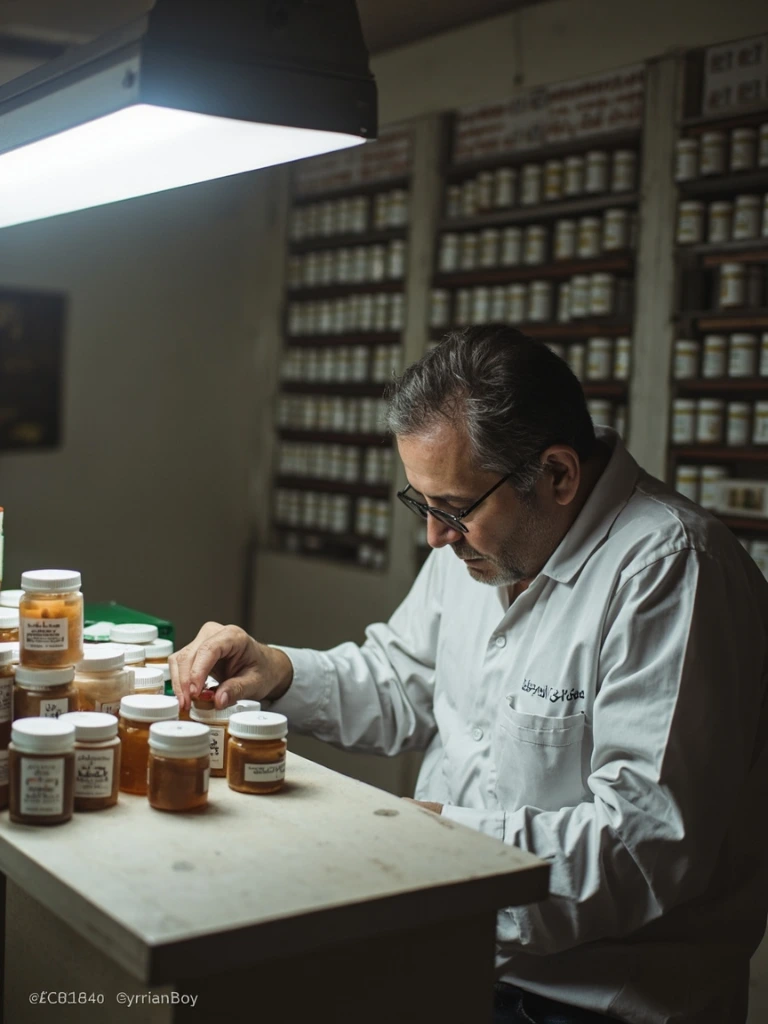 A pharmacist counting tablets at a rural dispensary in Aleppo's countryside