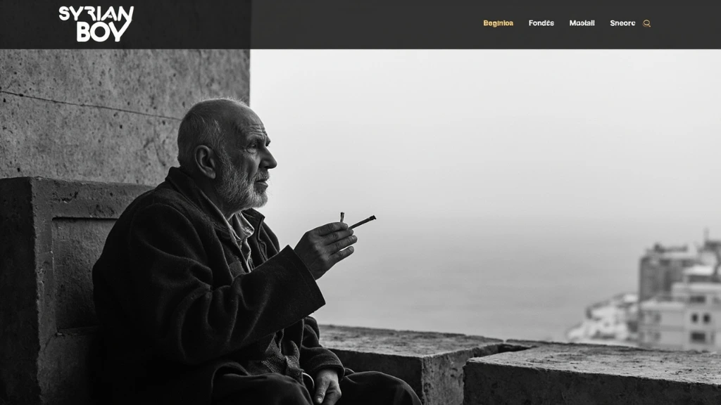 An elderly man on a stone balcony overlooking the Mediterranean in morning fog
