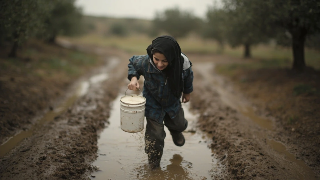 A young girl carrying a pail of milk along a muddy path after the rains