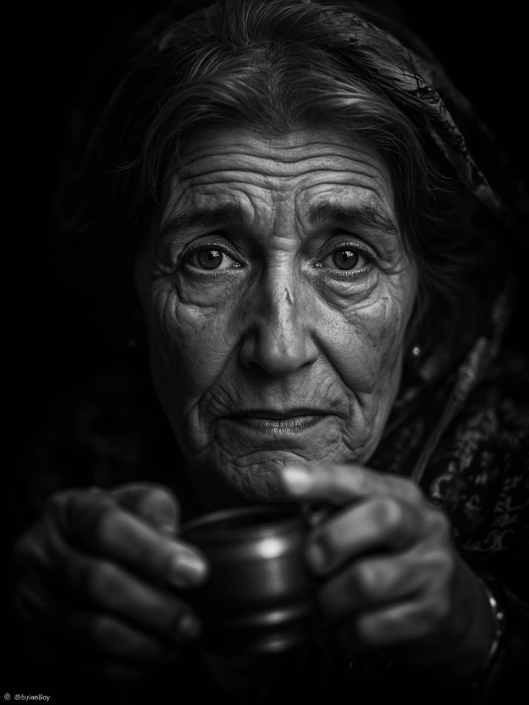 An elderly woman's face, half in shadow, holding a small brass coffee cup