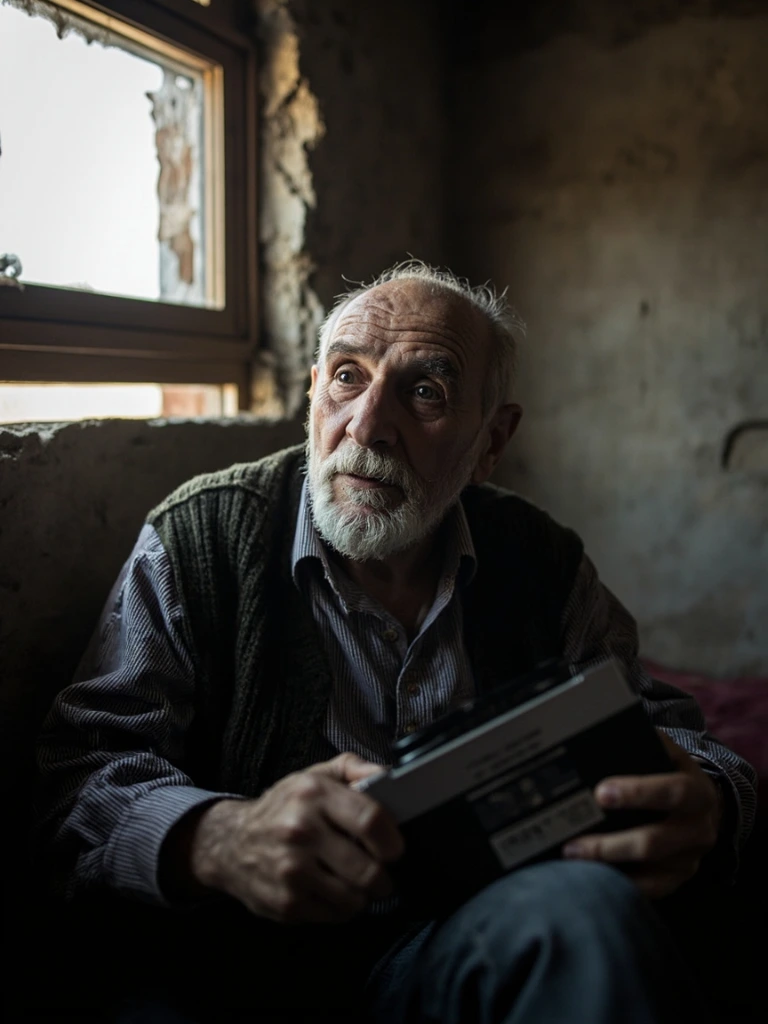 An elderly man in a displacement camp holding an old cassette player